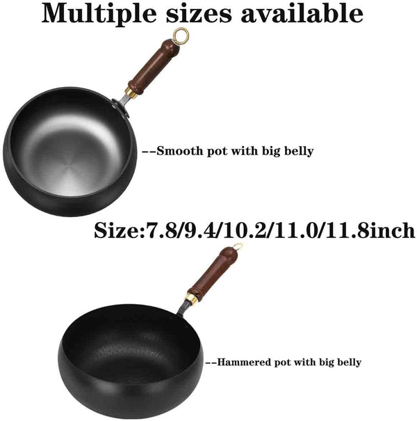 Japanese Hand-Forged Non-Stick Iron Pan without Coating Durable and Rust-Free, round Bottom Wok with Wooden Lid Lid for Cooker Gas Stir Fry Pans round Bottom (Type A,11Inch)7