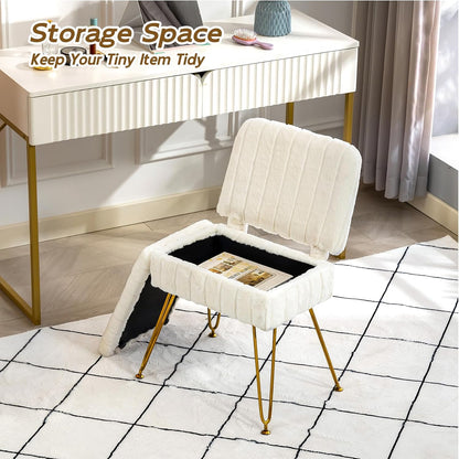 Vanity Chair with Storage | Comfy Ottoman with Folding Back | Faux Fur Vanity Stool with 4 Metal Legs for Make up | Furry Padded Seat with Anti-Slip Feet for Bedroom Dressing Room | White6