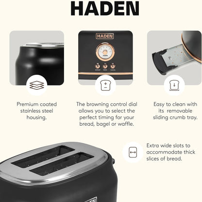 Haden Dorset 2-Slice Wide-Slot Toaster, Stainless-Steel Bread Toaster with Adjustable Browning Control, Crumb Tray & Non-Slip Feet, Black & Copper3