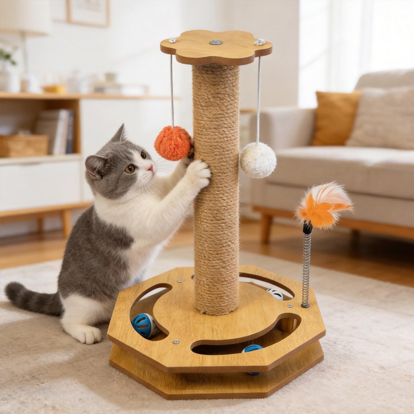 cat-scratching-post-with-vertical-scratcher-and-tracking-interactive-toy-for-kittens-4-in-1-cat-scratcher-toy-with-cat-ball-tracks-16-6-tall-with-interactive-feather