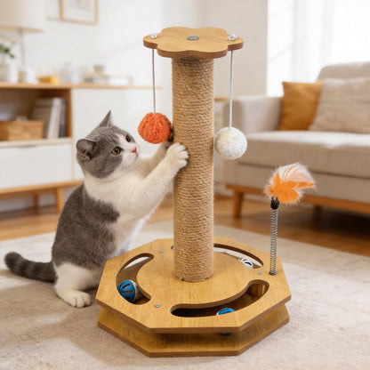 Cat Scratching Post with Vertical Scratcher and Tracking Interactive Toy for Kittens,4 in 1 Cat Scratcher Toy with Cat Ball Tracks,16.6" Tall with Interactive Feather8