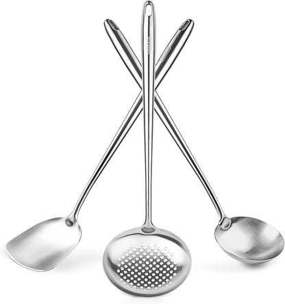 Carbon Steel Wok Pan - 14 “ Woks and Stir Fry Pans plus 17" Wok Spatula and Ladle Skimmer Spoon - Stainless Steel Cooking Utensils Set of 37