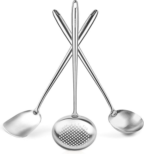 Carbon Steel Wok Pan - 14 “ Woks and Stir Fry Pans plus 17" Wok Spatula and Ladle Skimmer Spoon - Stainless Steel Cooking Utensils Set of 37