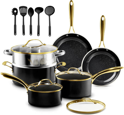 15 Pc Ceramic Cookware Set Nonstick, Ceramic Pots and Pans Set Non Stick with Steamer & Cooking Utensils, Non Toxic PFOA PFOS Free, Premium Stay Cool Handles, Oven & Dishwasher Safe1