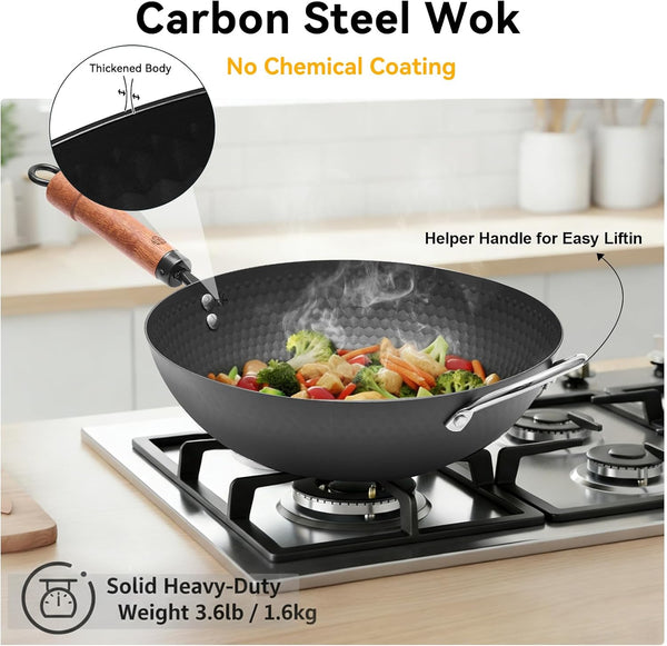 Carbon Steel Wok with Lid, 12.6" Hammered Stir Fry Pan with Helper Handle & Iron Spatula, Thickened Heavy Duty Flat Bottom Wok for Induction, Electric & Gas Stoves, Metal Utensil Safe2