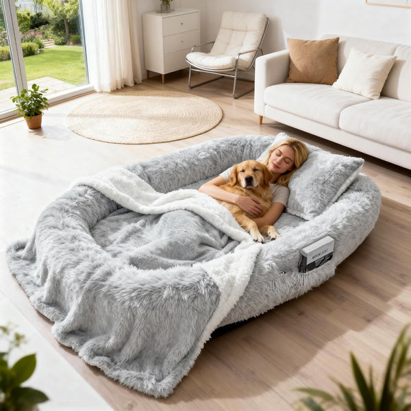 71" Human Dog Bed for Adult, Giant Orthopedic Memory Foam Dog Sofa Bed, Large Oversize Washable Faux Fur Pet Couch with Plump Pillow, Blanket, Strap - Dark Grey8