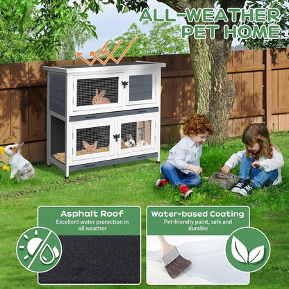 2 Story Solid Wood Rabbit/Bunny Hutch with 2 Large Main Rooms, Indoor Outdoor Rabbit House Guinea Pig Cage Pet House for Small Animals with Ventilation Door Removable Tray Waterproof Roof (Grey)6
