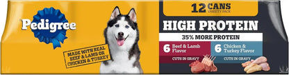 Pedigree High Protein Cuts in Gravy Pack Wet Dog Food, 13.2 Oz, 12 Count | Beef, Lamb, Chicken & Turkey, Slow Cooked Real Meat, 40G+ Protein per Can, Serve as Topper or Complete Meal, Canned Dog Food1