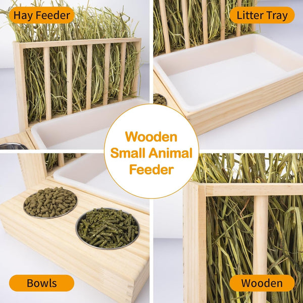 BESNEW 3 in 1 Rabbit Hay Feeder with Litter Box,Wooden Hay Feeder with 2 Bowls & Litter Box for Guinea Pig Chinchilla Bunny Other Small Animals,Large Capacity & Preventing Waste6