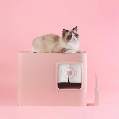 Dog Potty Training Toilet ﻿ Cat Litter Tray Fully Enclosed Japanese Style Box Toilet Kitten anti Splash and Deodorant Corridor Pet with Curtain Pink and White(A)10