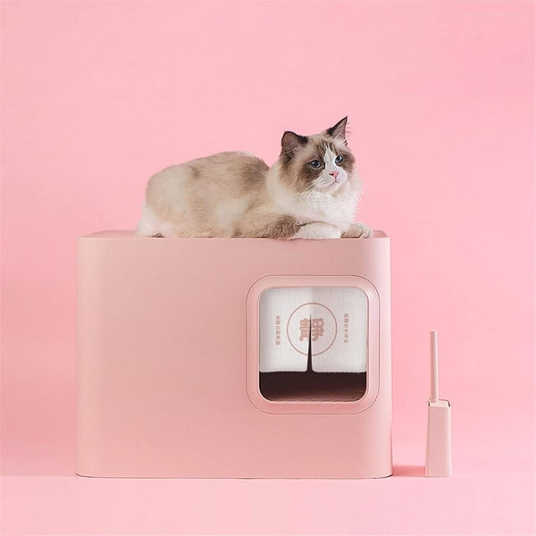 Dog Potty Training Toilet ﻿ Cat Litter Tray Fully Enclosed Japanese Style Box Toilet Kitten anti Splash and Deodorant Corridor Pet with Curtain Pink and White(A)10