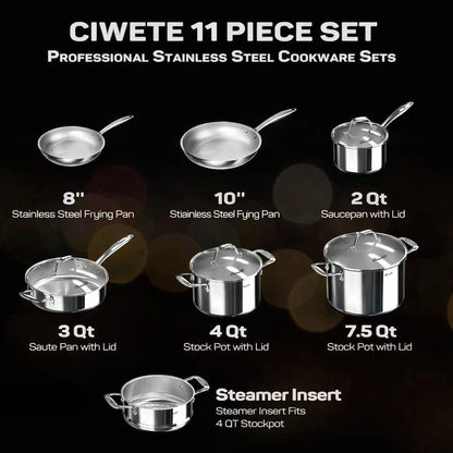 11-Piece Tri-Ply Stainless Steel Pots and Pans Set, 18/10 Stainless Steel Cookware Set with Steamer Insert, Induction Kitchen Cookware Sets with Cool Ergonomic Handles, Dishwasher, Oven Safe3
