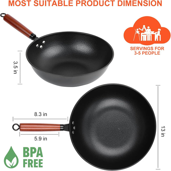 Wok, 13" Carbon Steel Woks & Stir-Fry Pans Nonstick with Glass Lid | Pre-Seasoned Flat Bottom Chinese Wok for Electric, Induction, Gas, All Stoves2