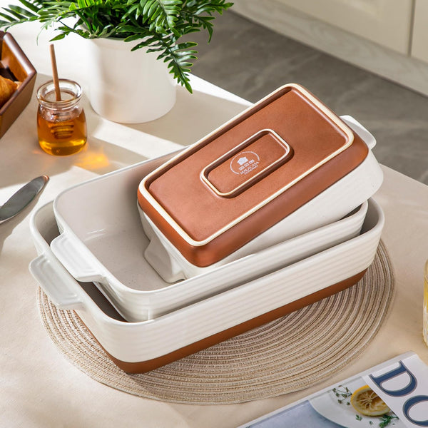 Casserole Dishes for Oven, Ceramic Baking Dishes Set of 3, Baking Pan Casserole Dish Set, Rectangular Lasagna Pan Deep with Handles for Baking, Khaki White (14.5''/13''/10.5''), Series TARA7