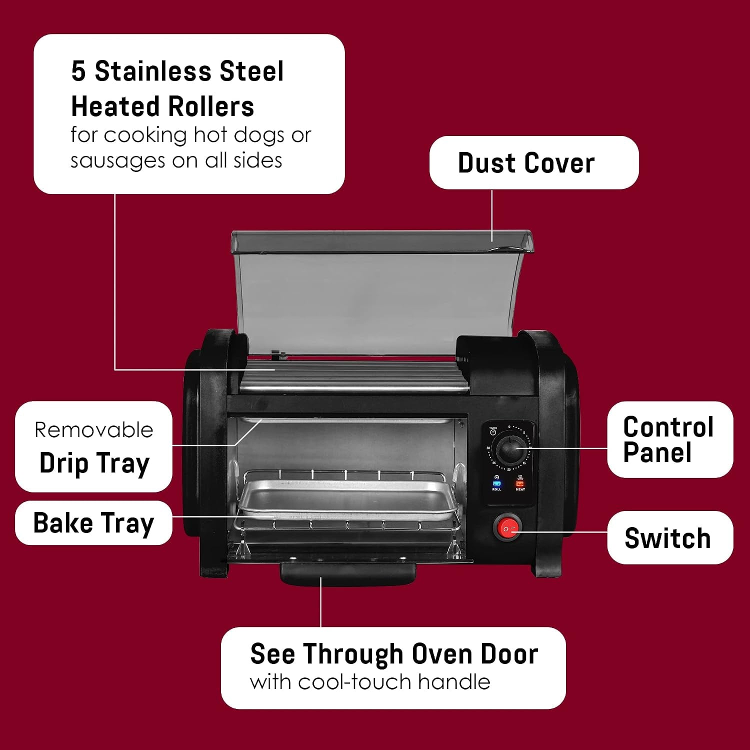 ehd-051b-hot-dog-toaster-oven-30-min-timer-stainless-steel-heat-rollers-bake-crumb-tray-world-series-baseball-4-bun-capacity-black