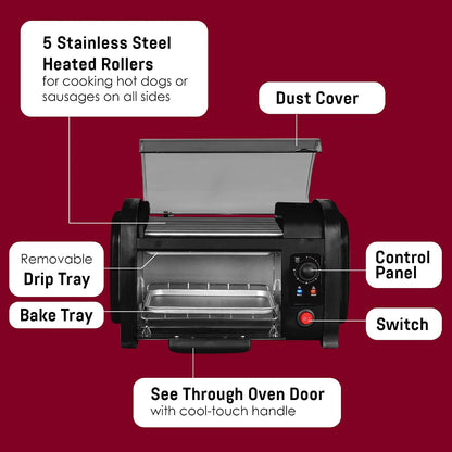 EHD-051B Hot Dog Toaster Oven, 30-Min Timer, Stainless Steel Heat Rollers Bake & Crumb Tray, World Series Baseball, 4 Bun Capacity, Black3