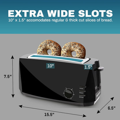ECT4829B 4-Slice Long Slot Toaster, Extra-Wide Slots, Black | 6 Toast Settings, Defrost, Reheat & Cancel Functions, Slide-Out Crumb Tray, Great for Bagels & Waffles6