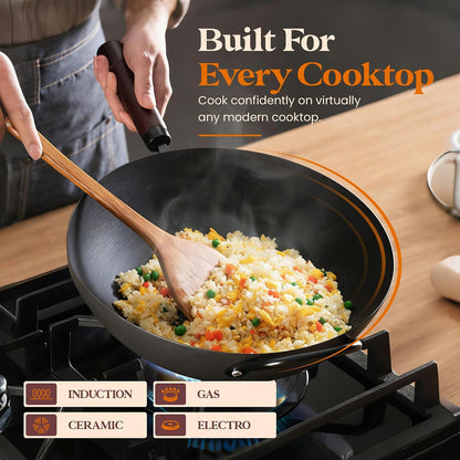 Carbon Steel Wok with Lid Ceramic Nonstick Flat Bottom Wok Pan Induction Compatible Stir Fry Wok Beech Wood Handle Glass Lid Healthy Cooking Wok for Gas Electric Ceramic Halogen Cooktops5
