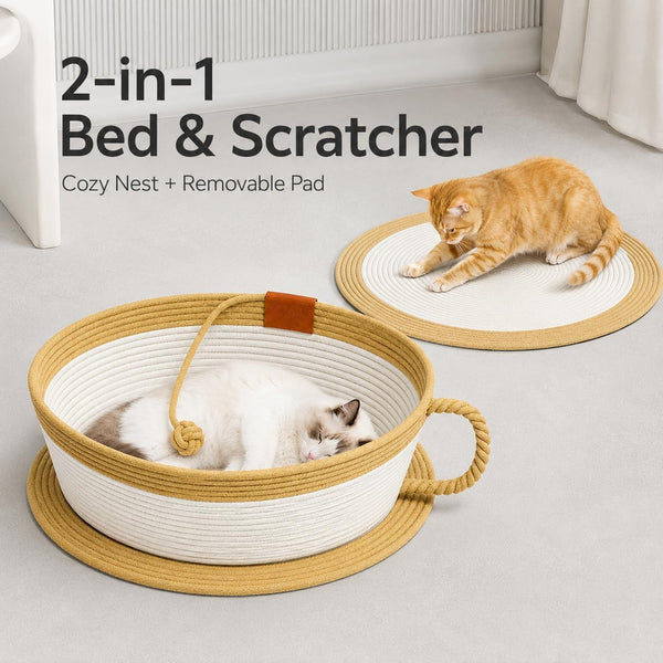 Trynellis Handwoven Cotton Rope Cat Basket Bed with Removable Scratching Pad, 2-In-1 Cat Scratcher Lounge (Large,Woven Rattan Cat Bed + Cushion)6