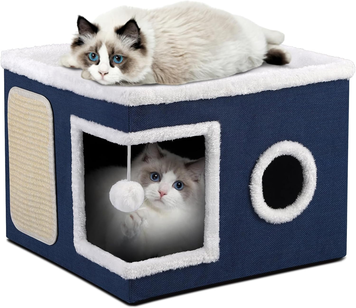 shikha-cat-house-bed-for-indoor-cats-with-fluffy-ball-and-scratch-pad-grey-foldable-large-cat-cave-hideaway-with-cozy-condo-hide-and-seek-window-holds-up-to-30lbs-all-season-reversible-cushion