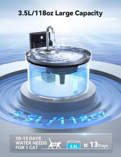 Wireless Cat Water Fountain [Water & Battery Separation] FEELNEEDY Stainless Steel Automatic Pet Water Dispenser, 4000Mah Battery Operated Water Fountains for Cats Dogs - 3.5L/118Oz6