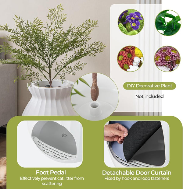 Giantex Cat Litter Box Plant - Hidden Litter Box Furniture with Electronic Odor Removal System, Detachable Door Curtain, Scoop, Cat Litter Box Enclosure Planter Home Decor, Easy to Clean (White)5