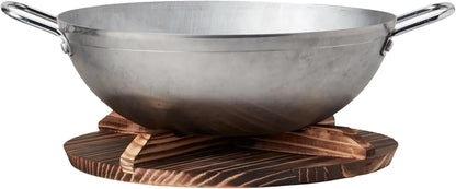 13” Carbon Steel Wok – Flat Bottom Stir Fry Pan with Dual Steel Handles – Includes Convertible Wood Trivet Lid – Pre-Seasoned, Induction & Gas Compatible – Professional Grade Cookware1