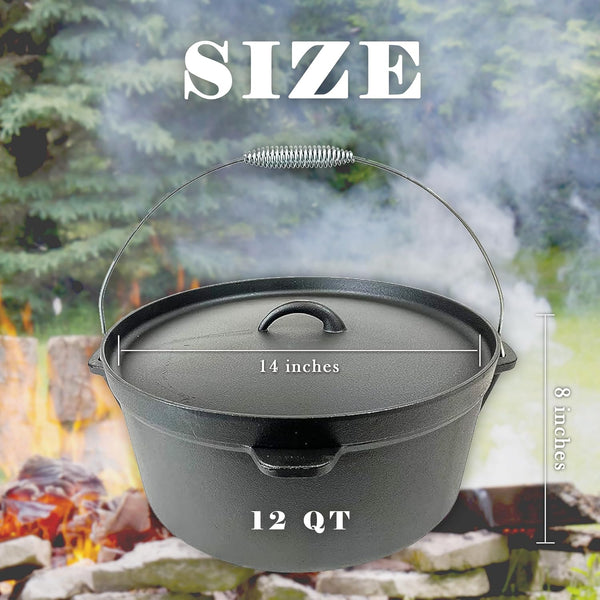 12 Quart Cast Iron Dutch Oven with Lip Lid & Bail Handle | Pre-Seasoned, Large Campfire Pot, Outdoor Cooking, Roasting, Baking & Stews, Heavy-Duty, Even Heat Distribution2