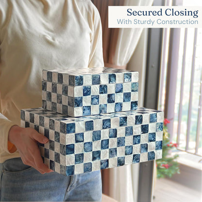 12"X8" Decorative Capiz Boxes Keepsake Trunk, Navy Blue, Set 2 | Handmade Capiz Inlaid Keepsake Boxes for Photos, Blue Checkered Boxes, Checkered Box Decor, Blue Storage Box for Bedroom5
