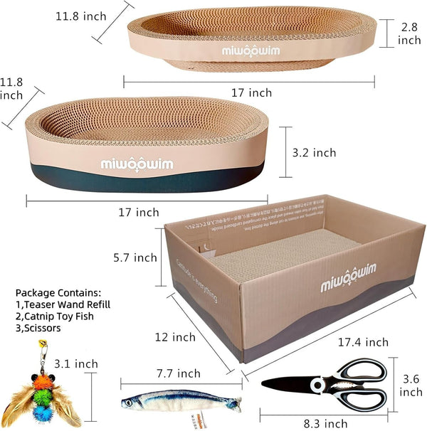 Miwoowim 3-Piece Cat Scratcher Set, Oval Bowl Nest for Indoor Cats | 2 Oval Bed &1 Box for Scratching & Lounging,Durable round Corrugated Cardboard Pad & Catnip Toy.Furniture Protector for Couch3