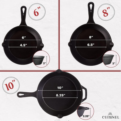 Cast Iron Skillets Set - 3-Piece: 6" + 8" + 10"-Inch Chef Frying Pans - Pre-Seasoned Cookware + 3 Silicone Handle Cover Grips - Use Indoor/Outdoor, Grill, Stove, BBQ, Fire, Oven3