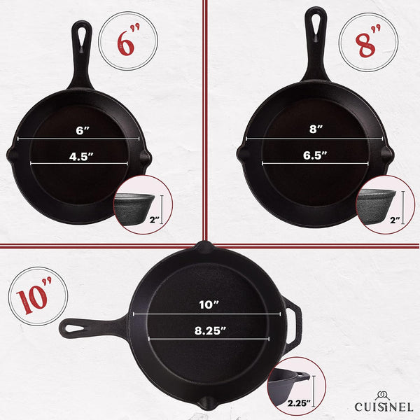 Cast Iron Skillets Set - 3-Piece: 6" + 8" + 10"-Inch Chef Frying Pans - Pre-Seasoned Cookware + 3 Silicone Handle Cover Grips - Use Indoor/Outdoor, Grill, Stove, BBQ, Fire, Oven3
