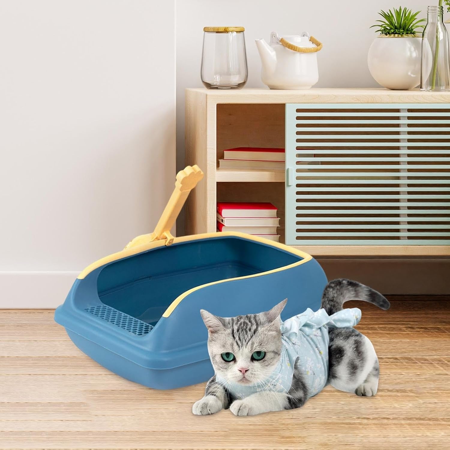 cat-litter-box-open-top-high-sided-anti-splashing-litter-tray-with-scoop-for-indoor-cats-kittens-2-sizes-s-blue