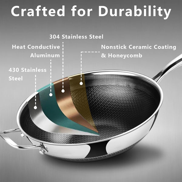 Hybrid 12Inch Wok with Lid, Stainless Steel Woks & Stir-Fry Pans Nonstick, Non Toxic, PFAS PFOA PTFE Free, Dishwasher and Oven Safe, Works on Induction3