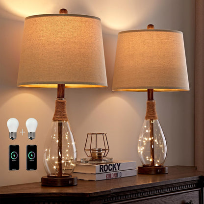 2 in 1 Bedside Table Lamps Set of 2, Farmhouse Glass Lamp, Wood-Like | Bedroom Lamps for Nightstands, Top Light & Night Light, Built-In USB with Bulb, Boho Rattan Design for Nursery, Hallway1