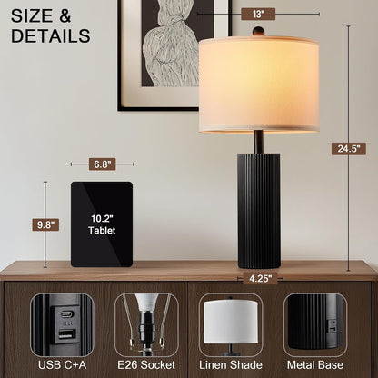 24.5" Black Lamps Set of 2, Modern Table Lamps for Living Room with USB C+A Ports, Creative Stripe Touch Lamps for Nightstand, 2 Bulbs Included2