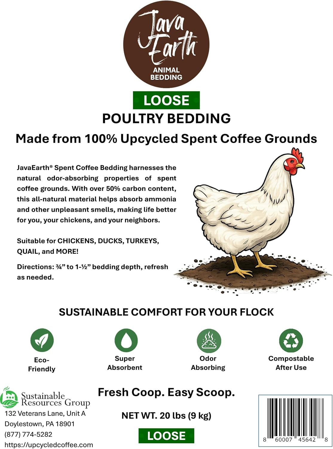 javaearth®-coffee-bedding-for-chickens-loose-upcycled-coffee-grounds-poultry-litter-for-coops-brooders-natural-clumping-odor-control-20-lbs