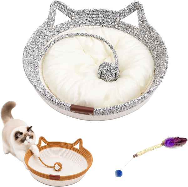 Handwoven Cat Basket Bed, Cotton Rope round Cat Scratcher Bed with Cats Ear Handles, Breathable Boho Nesting Pet Bed for Kittens and Indoor Cats (Color D,Small)9