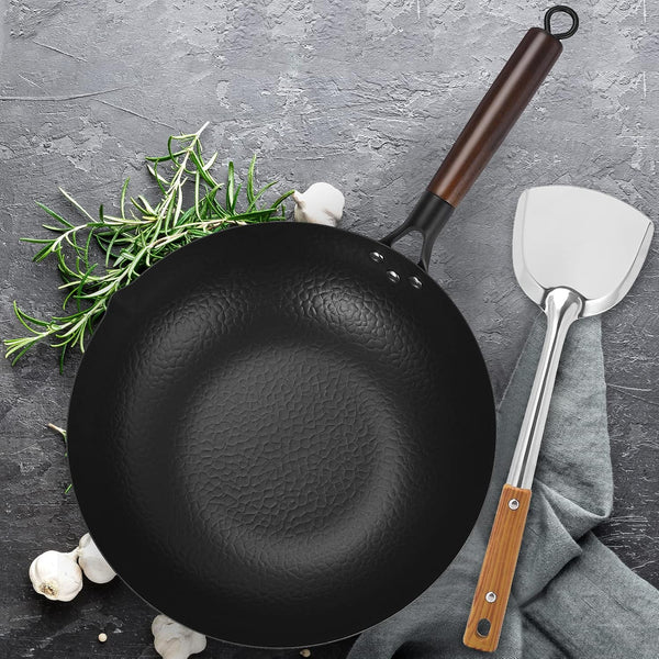 Hand Hammered Carbon Steel Wok, Wooden Lid Asian Spatula with Handle - Stir Fry Pan for Chinese, Japanese, and Cantonese Cuisine – Flat Bottom Wok Cooking by Cookeries / 2 Accessories5