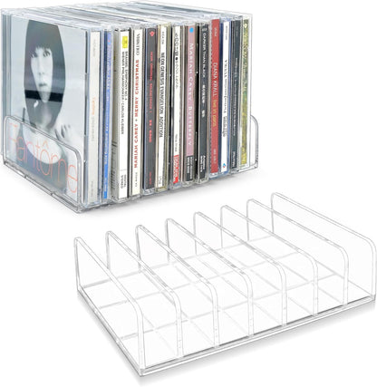2 Pcs Clear Acrylic CD Holder, DVD/CD Display Rack & CD Storage Box & Vinyl Record Storage Stand Holds up to 14 Standard CD Cases for Media Shelf Storage and Organization1