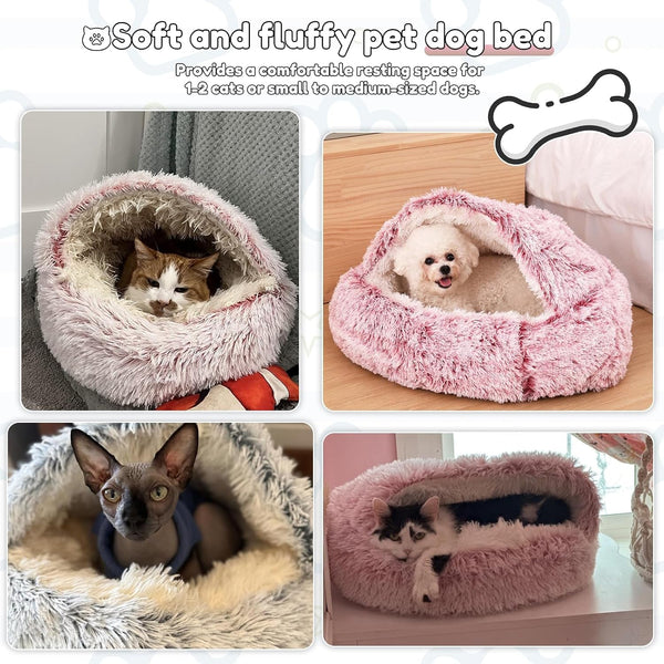 SUOXU Anti-Anxiety Cat Bed, Plush Hooded Cave, 20 in Diameter, Suitable for Small to Medium Pets, Pink5