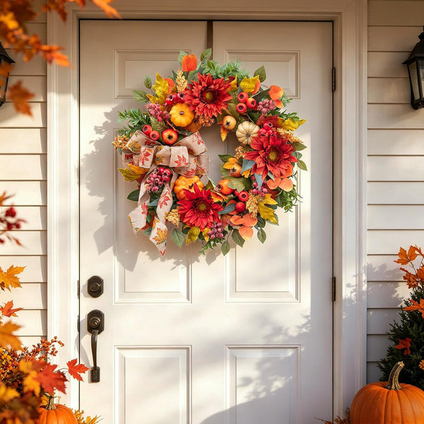 Fall Wreaths for Front Door 24 Inch Autumn Wreath Rustic Fall Decor | Autumn Wreath with Artificial Pomegranates, Sunflowers and Berries Fall Door Wreath for Outdoor or Indoor Use Autumn Wreaths6