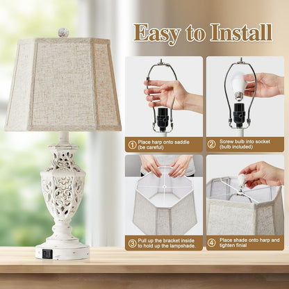 Lamps for Night Stands Set of 2-23.5" Boho Bedside Lamp with USB A+C and Nightlight - Cream Rustic Carved Resin Farmhouse Table Lamp for Bedrooms, End Tables, Living Room, Bulbs Included8