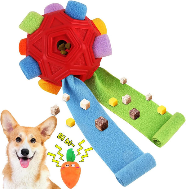 Dog Snuffle Ball-Interactive Puzzle Dog Toys Encourage Natural Foraging Skills Slow Feeder for Training and Stress Relief, Cloth Strip Hiding Food Dog Toys with Squeaky Carrot Toy for Any Size10