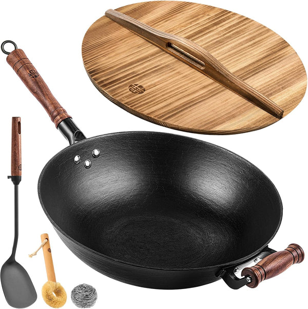 12.6 Inch Cast Iron Wok Pan with Wood Lid, Uncoated Flat Bottom Chinese Stir Fry Pan, Heavy Duty Wok for Induction, Gas and Electric Stoves1