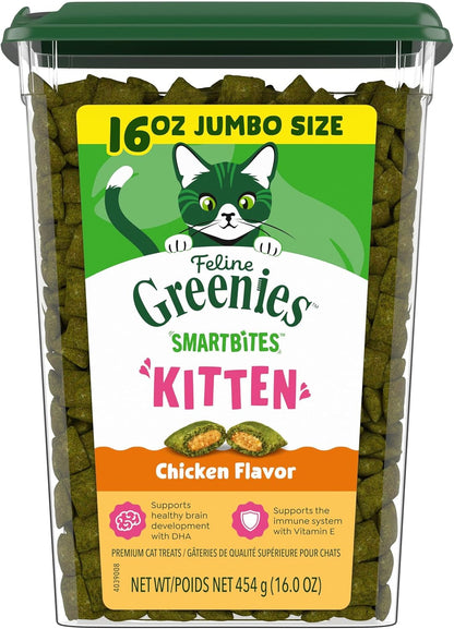 Greenies Feline Smartbites Kitten Treats, Chicken Flavor, 2.1 Oz | DHA for Brain & Vision Development, Supports Immune System, under 2 Cal/Treat, No Artificial Flavors/Preservatives, 1 Lb. Tub11