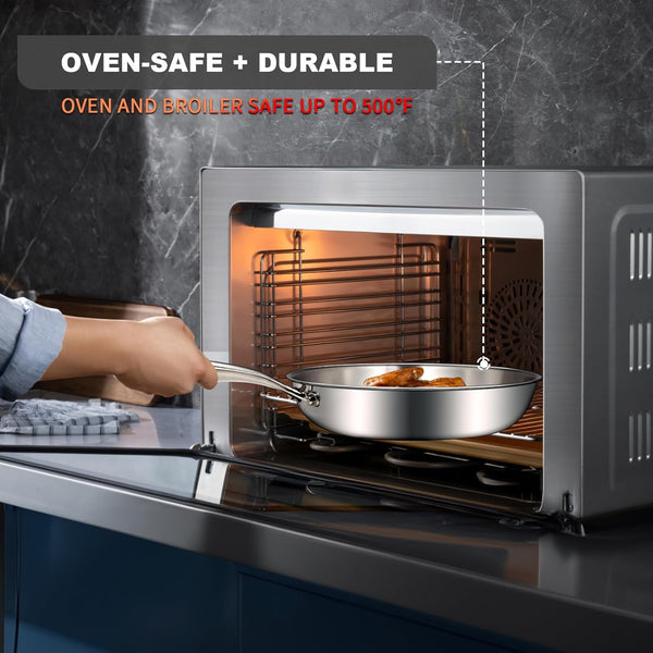 12 Inch Tri-Ply Stainless Steel Frying Pan, Compatible with All Cooktops up to 600℉, Large Frying Pan Induction-Ready Skillet, Dishwasher and Oven Safe, Even Heat, 12" Skillet5