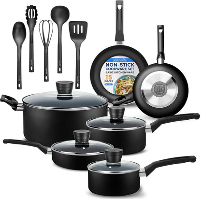 Kitchenware Pots & Pans Basic Kitchen Cookware, Black Non-Stick Coating Inside, Heat Resistant Lacquer (15-Piece Set), One Size1
