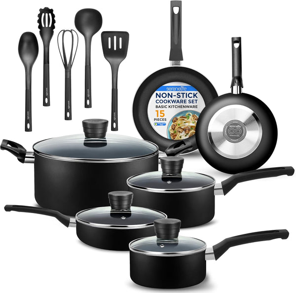 Kitchenware Pots & Pans Basic Kitchen Cookware, Black Non-Stick Coating Inside, Heat Resistant Lacquer (15-Piece Set), One Size1