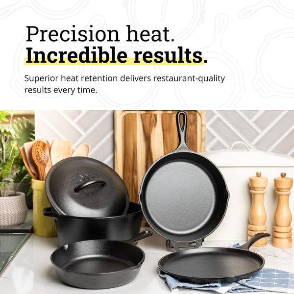 Cast Iron 5-Piece Set, Pfas-Free Pre-Seasoned Kitchen Set | Pfas-Free Cast Iron Set Includes Skillets, Griddle & Dutch Oven for Non-Toxic Everyday Cooking, Made in USA5